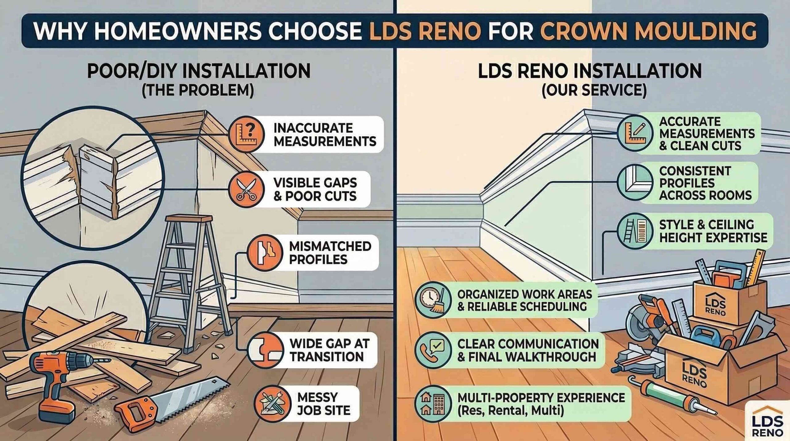 Why Homeowners Choose LDS Reno for Crown Moulding