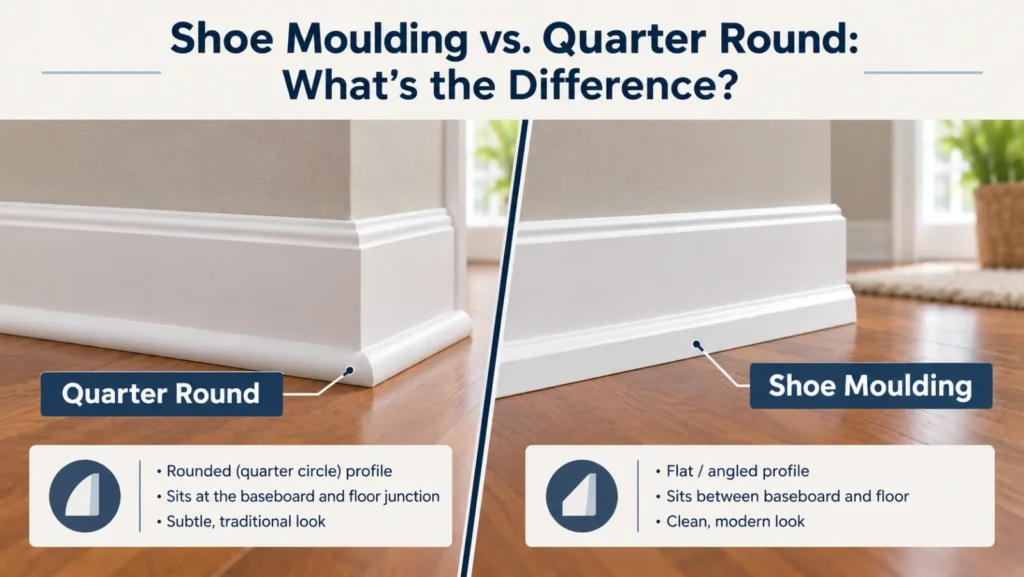 Shoe moulding and quarter round trim installed along a baseboard above a hardwood floor